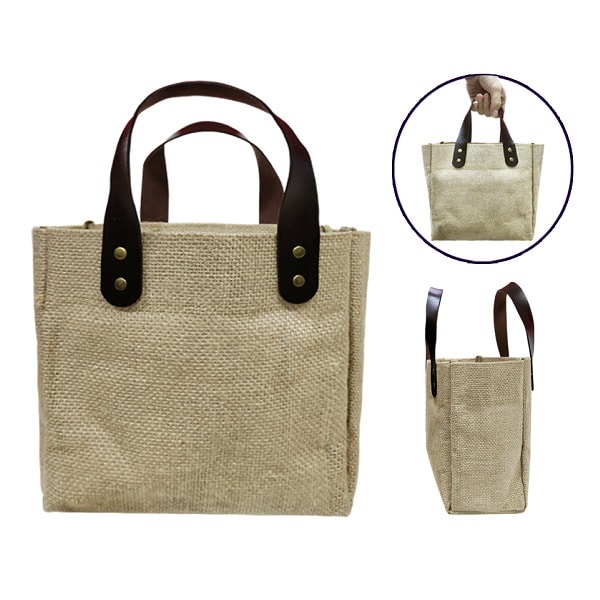 BGTS081 - Jute Tote Bag with PU Leather handles (Small) - Edmaro